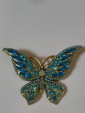 Blue Crystal Butterfly Brooch - Gold Tone